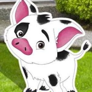 May include: A white cartoon pig with black spots and pink ears, snout, and inner ears. The pig has a friendly expression with large eyes and a curly tail. The image is a cut-out, likely a yard decoration or party prop.