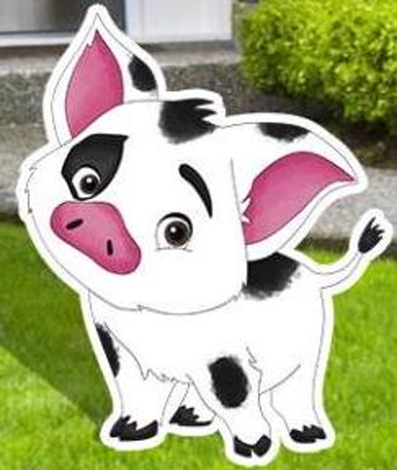 May include: A white cartoon pig with black spots and pink ears, snout, and inner ears. The pig has a friendly expression with large eyes and a curly tail. The image is a cut-out, likely a yard decoration or party prop.