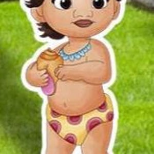 May include: Cartoon illustration of a baby girl with brown hair and a pink flower in her hair. She wears a yellow diaper with red polka dots and a blue necklace. The baby holds a tan and pink object.