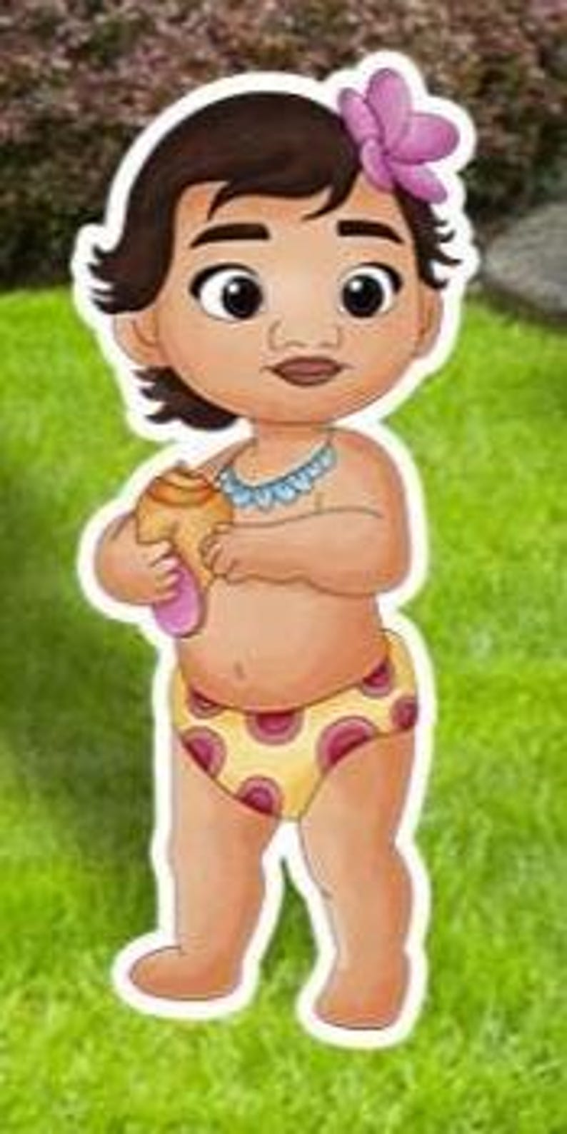 May include: Cartoon illustration of a baby girl with brown hair and a pink flower in her hair. She wears a yellow diaper with red polka dots and a blue necklace. The baby holds a tan and pink object.