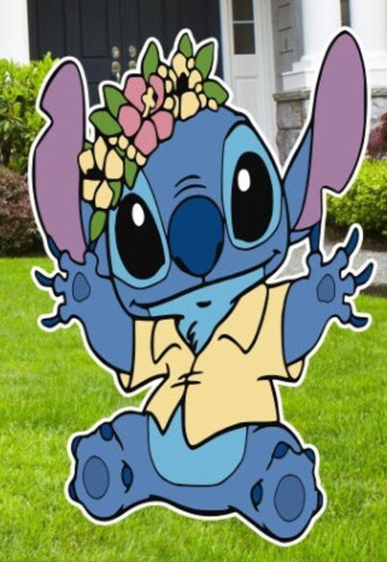 May include: A blue cartoon character with large eyes and a flower crown. The character is wearing a yellow shirt and has a friendly expression.