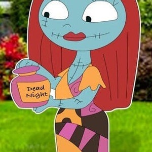 K&ouml;nnte beinhalten: Eine blaue und orangefarbene Comicfigur mit roten Haaren, die ein lilafarbenes Glas h&auml;lt, auf dem "Dead Night" steht.