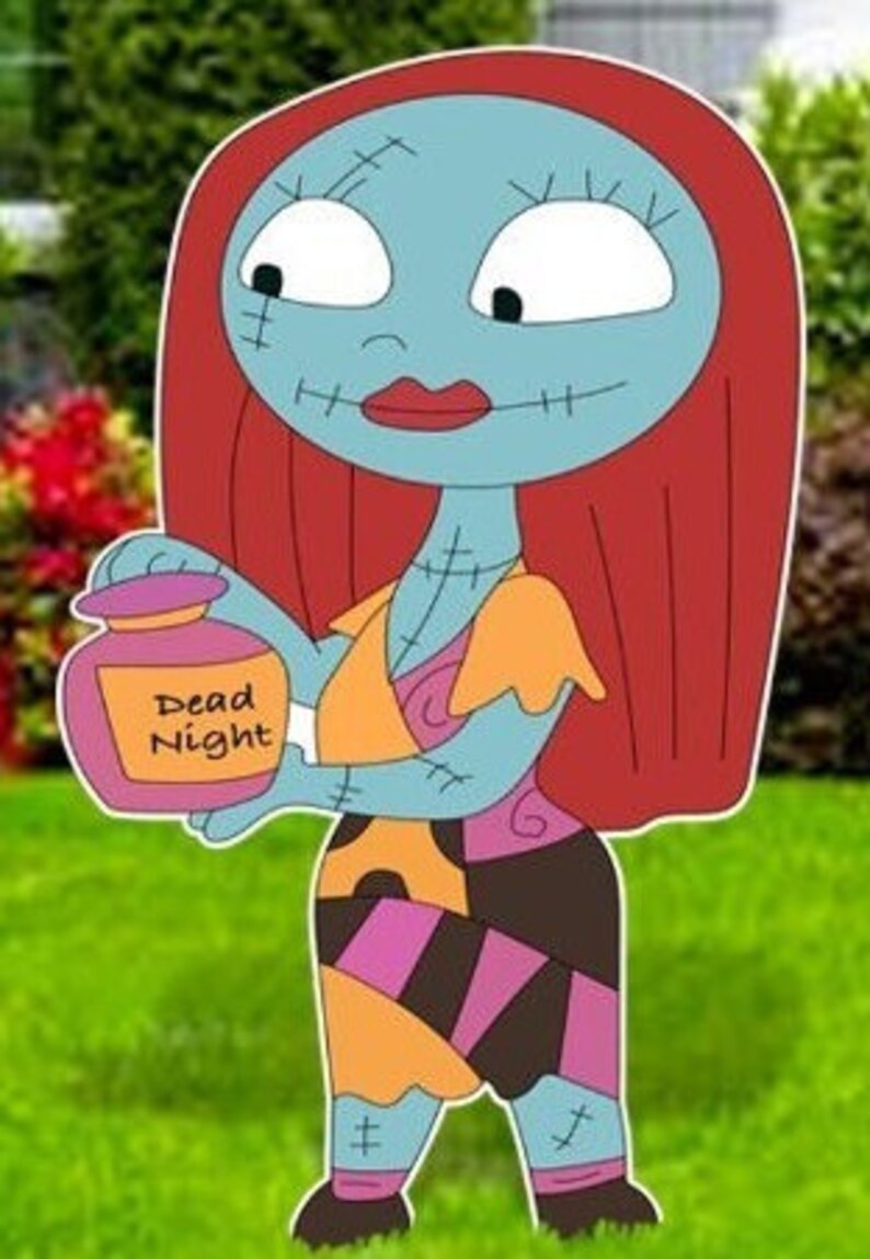 K&ouml;nnte beinhalten: Eine blaue und orangefarbene Comicfigur mit roten Haaren, die ein lilafarbenes Glas h&auml;lt, auf dem "Dead Night" steht.