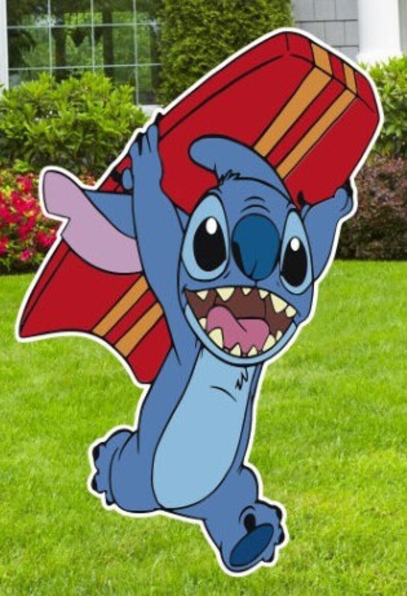 May include: A blue cartoon character with large eyes and a wide smile, holding a red surfboard with yellow stripes. The character is running and appears to be excited.