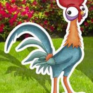 May include: A colorful cartoon rooster cutout with a red comb, orange neck, and blue feathers. The rooster stands on orange legs against a backdrop of green grass and red flowers. The cutout has a white border.