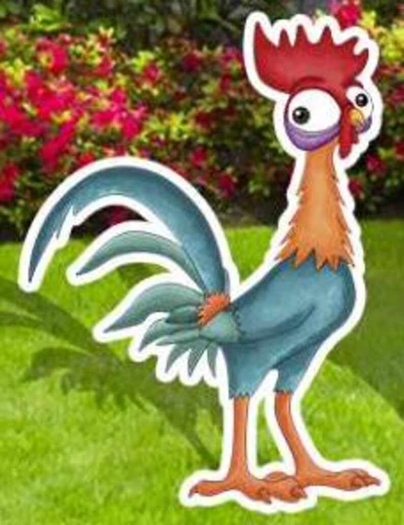 May include: A colorful cartoon rooster cutout with a red comb, orange neck, and blue feathers. The rooster stands on orange legs against a backdrop of green grass and red flowers. The cutout has a white border.