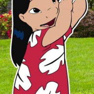 May include: A cartoon character of Lilo from the movie Lilo & Stitch. She is wearing a red and white dress with a flower pattern and blue sandals. She is holding a purple flower in her right hand and smiling.