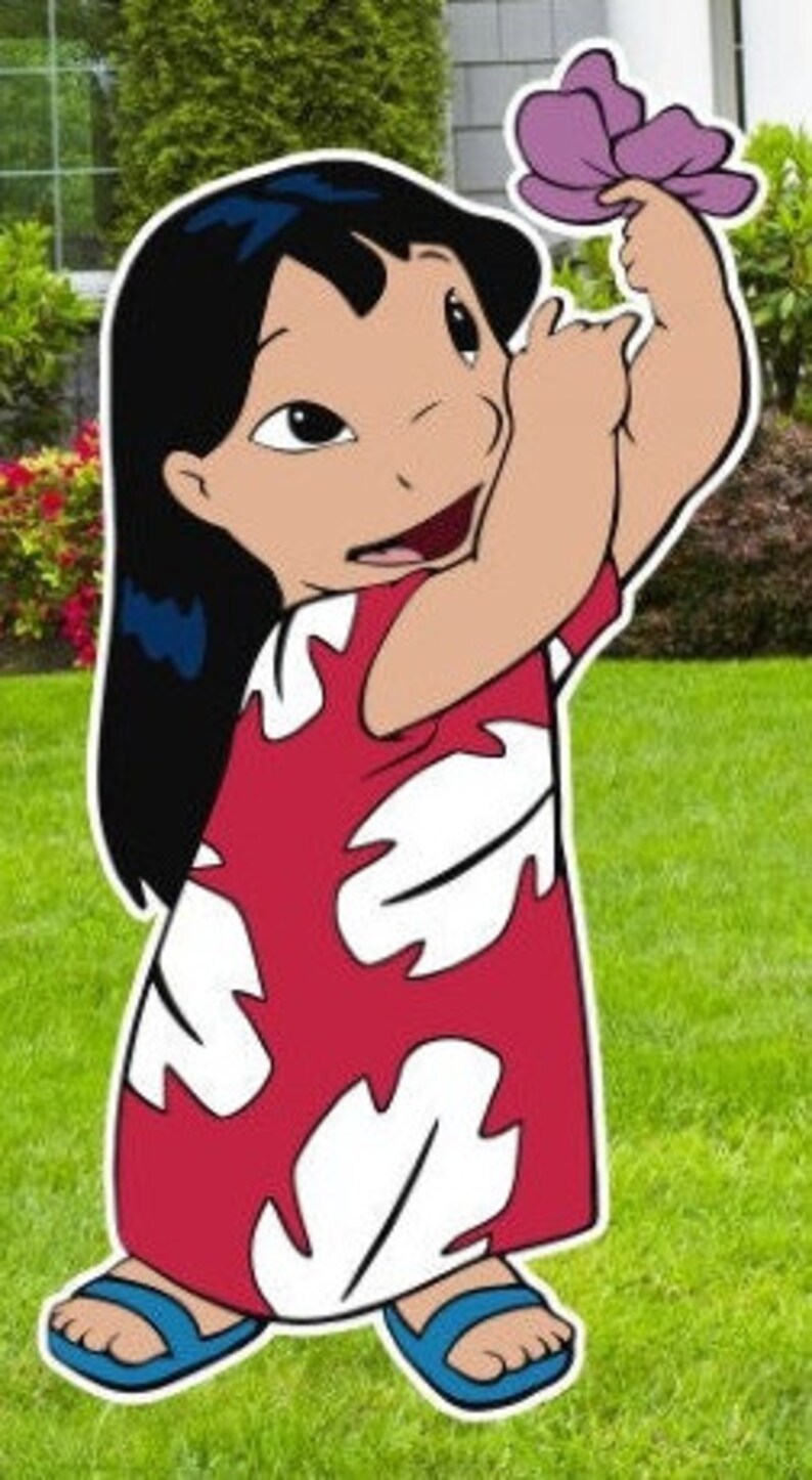 May include: A cartoon character of Lilo from the movie Lilo & Stitch. She is wearing a red and white dress with a flower pattern and blue sandals. She is holding a purple flower in her right hand and smiling.