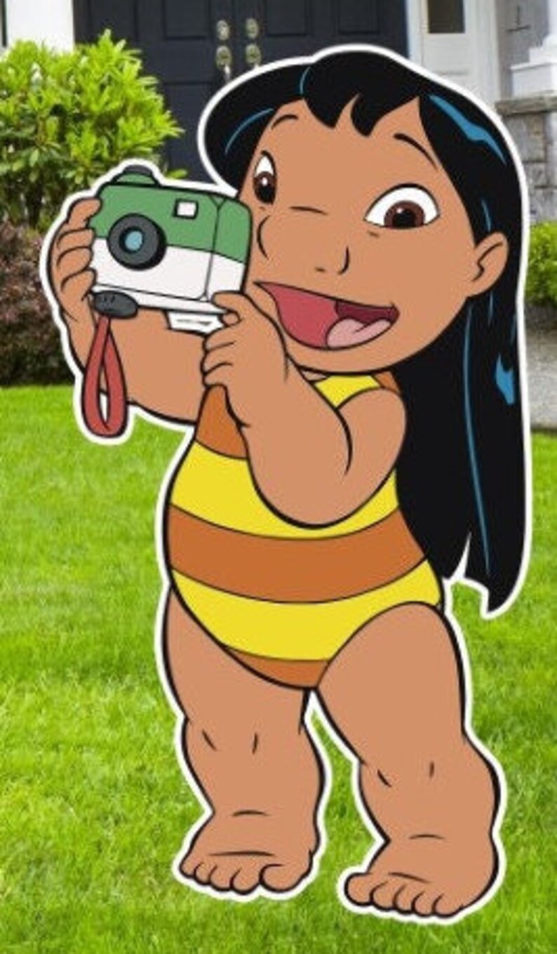 May include: A cartoon illustration of a young girl with long black hair wearing a yellow and orange striped swimsuit. She is holding a green and white camera in her right hand and smiling.