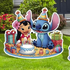 May include: Three blue Stitch characters from the Disney film Lilo & Stitch are celebrating a birthday with cakes and balloons. The characters are wearing party hats and holding candles. The text on the cake says "Happy Birthday!"