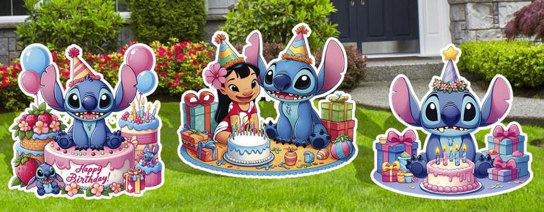 May include: Three blue Stitch characters from the Disney film Lilo & Stitch are celebrating a birthday with cakes and balloons. The characters are wearing party hats and holding candles. The text on the cake says "Happy Birthday!"