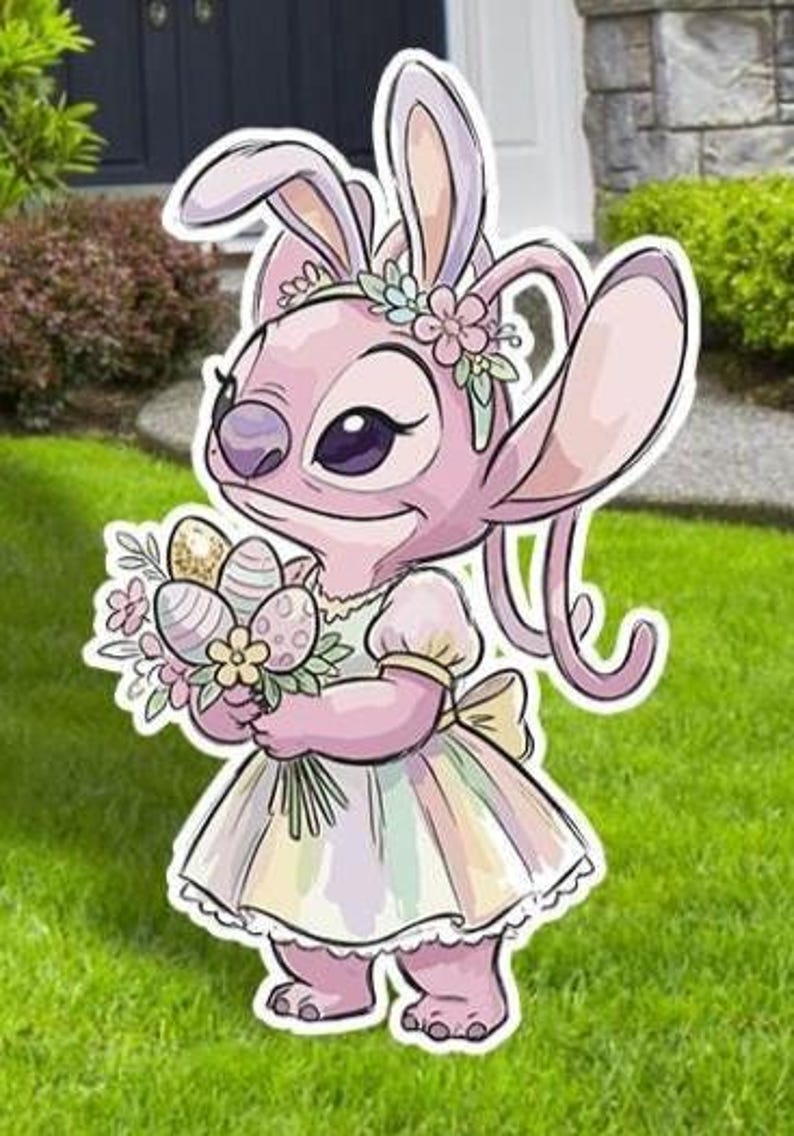 May include: A pink cartoon character with bunny ears, wearing a dress and holding a bouquet of Easter eggs. The character has large eyes and is decorated with flowers. The image is a yard decoration.