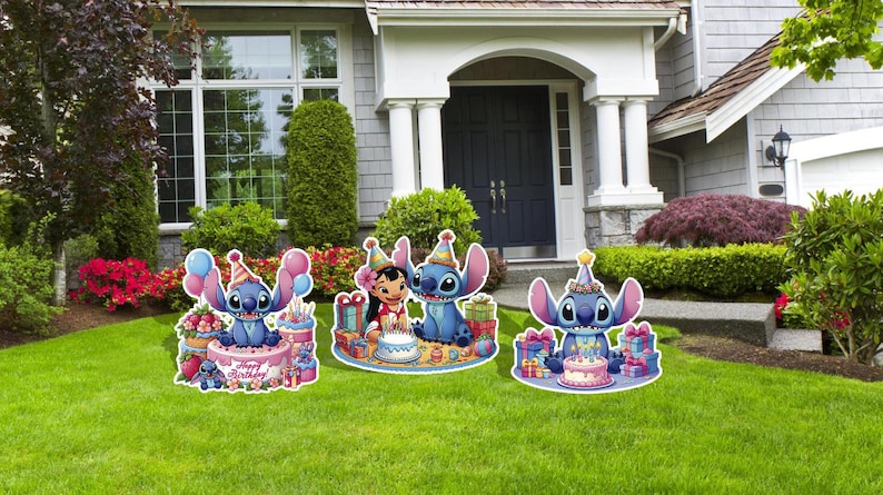 May include: Three blue Stitch characters from Lilo & Stitch are holding birthday cakes and presents. The characters are wearing party hats and are surrounded by balloons and gifts. The text "Happy Birthday" is on the cake in the front.