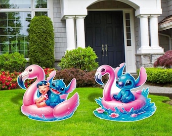 Stitch Pool Party Cutouts, Lilo and Stitch Flamingo Floatie, Pool Birthday Party, Stitch Pool Party Cutouts, Stitch Cutout, Stitch Yard