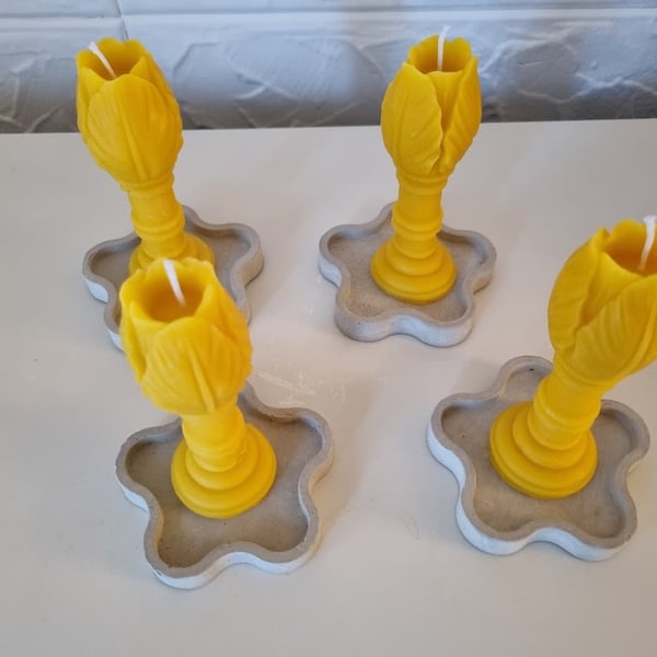 Bienenwachs Kerzen Tulpenform Set 4 Stück mit Beton Untersetzern