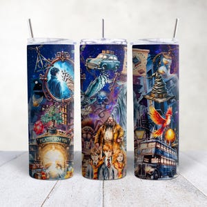 May include: Three stainless steel tumblers with colorful Harry Potter themed designs. The designs include Platform 9 3/4, a phoenix, and a Hogwarts Express train.