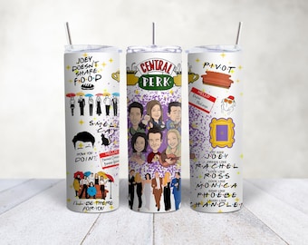 May include: Three white stainless steel tumblers with lids and straws. Each tumbler features a different design with quotes and illustrations from the TV show "Friends". The designs include character portraits and iconic phrases.