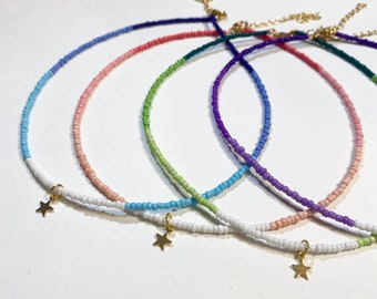 Dainty choker necklace, colorful choker, seed bead choker, beaded necklace, star charm choker, gift for her, gift idea