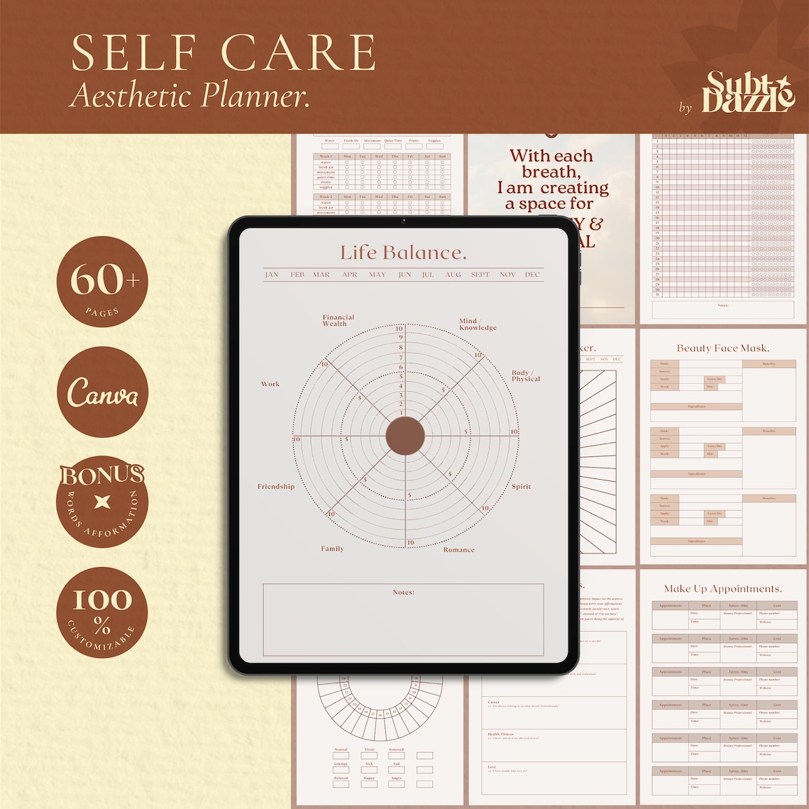 Self Care Aesthetic Planner, Self Care Planner Printable PDF, Holistic
