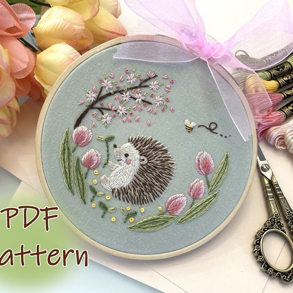 PDF Embroidery Pattern "Spring Hedgehog"/ 5 inch Embroidery design/ Forest animal/ Beginner/ wall décor/ Kawaii design/ DIY hand embroidery