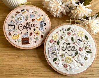 Kit de bordado de café y té: Manualidad para principiantes con bastidor de 5 pulgadas, decoración de cafetería y cocina