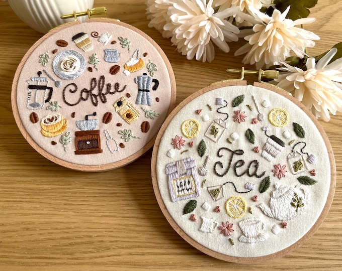 Coffee & Tea Embroidery Kit: Beginner DIY Craft with 5" Hoop, Coffee bar Kitchen Decor