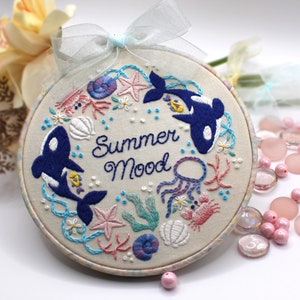 Embroidery Kit/ Summer Orca Design/ cute killer whale embroidery/ Hand Embroidery/ summer sea design/ easy DIY for beginner/ 6 inch image 1