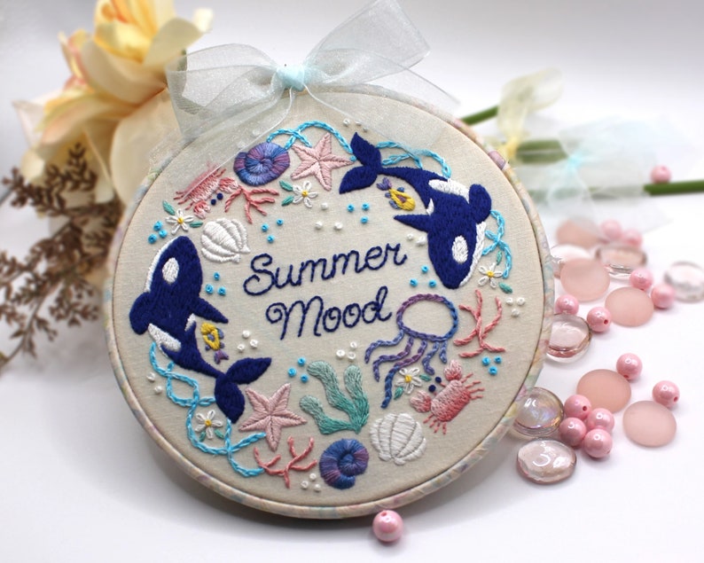 Embroidery Kit/ Summer Orca Design/ cute killer whale embroidery/ Hand Embroidery/ summer sea design/ easy DIY for beginner/ 6 inch image 1