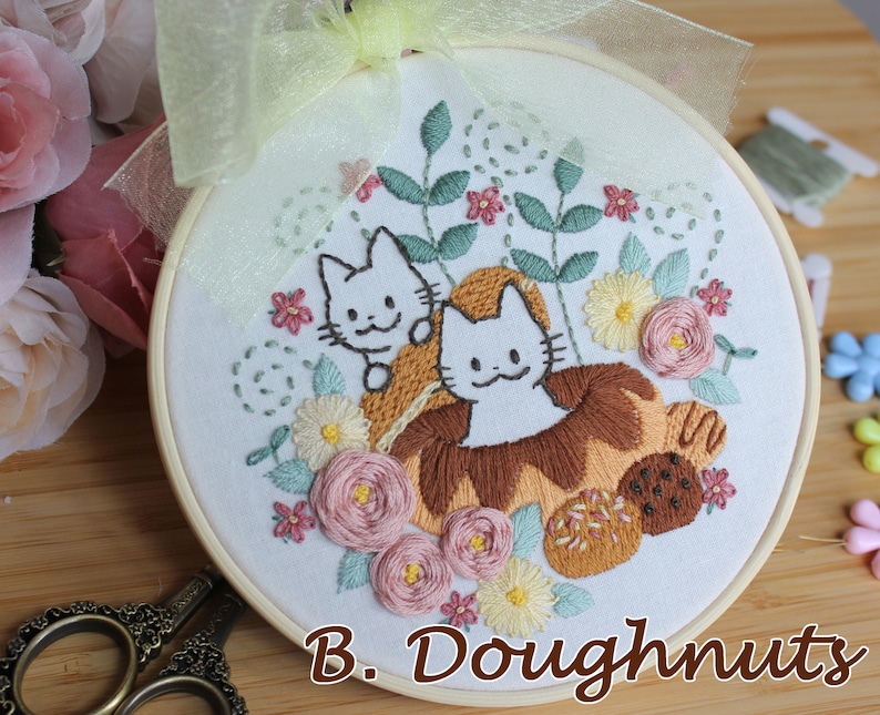 DIY Embroidery Kit Sweets & Cats handmade craft kit / Cute Kitty Embroidery Set/ Embroidery for beginner/ craft/ cupcake doughnuts macaron image 3