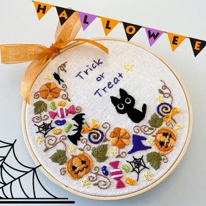Embroidery Kit/ Halloween Design/ cute cat embroidery/ Hand Embroidery Halloween Moon/  autumn fall design/ easy DIY for beginner/ 6 inch