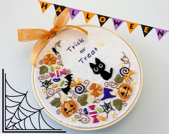 Embroidery Kit/ Halloween Design/ cute cat embroidery/ Hand Embroidery Halloween Moon/  autumn fall design/ easy DIY for beginner/ 6 inch
