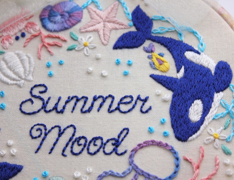 Embroidery Kit/ Summer Orca Design/ cute killer whale embroidery/ Hand Embroidery/ summer sea design/ easy DIY for beginner/ 6 inch image 2