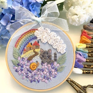 DIY Embroidery Kit for 5" hoop/ After Rain Cat/ hand embroidery design/ kitty hydrangea/ easy instructions/ Cute Embroidery Kit/Rainbow