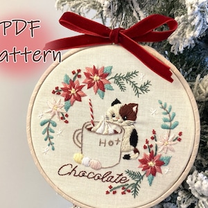 Tea Time Cat Embroidery Pattern: Hot Chocolate Design (PDF)