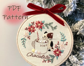 PDF Tea Time & Cat Embroidery Pattern (Hot Chocolate)/ embroidery design 5 inch hoop/ Cute Cat/ Easy Beginner/DMC/ Instant download