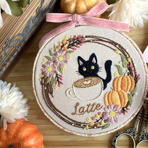 DIY Embroidery Kit Tea Time & Cat for 5 inch / Cute kitty/ Halloween design/ easy instruction for beginner /embroidery set / black cat