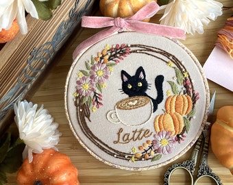 DIY Embroidery Kit Tea Time & Cat for 5 inch / Cute kitty/ Halloween design/ easy instruction for beginner /embroidery set / black cat