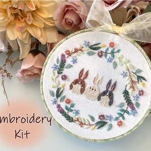 DIY Embroidery Kit for 6 inch/ Botanical Bunnies/ spring design/ cute bunny/ easy to follow instructions/ beginner friendly/ hand embroidery