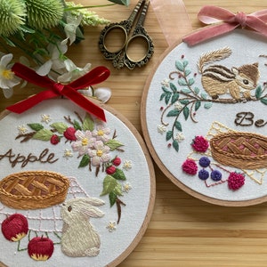 DIY Embroidery Kit for 6" hoop/ Apple Berry Pie/hand embroidery design/ Floral/ Bunny Rabbit Chipmunk/ easy instructions/ beginner kit/cute