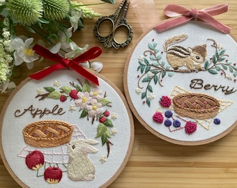 Apple Berry Pie DIY Embroidery Kit: Bunny & Chipmunk Floral Design for 6 Inch Hoop