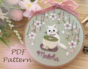 PDF Tea Time & Cat Embroidery Pattern (Matcha Latte)/ embroidery design 5 inch/ White Cat/ Easy Beginner/ Spring Sakura/ Instant download