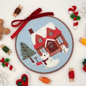Winter House Embroidery Kit: Polar Bear & Snowman, Christmas DIY Craft (6 inch Hoop)