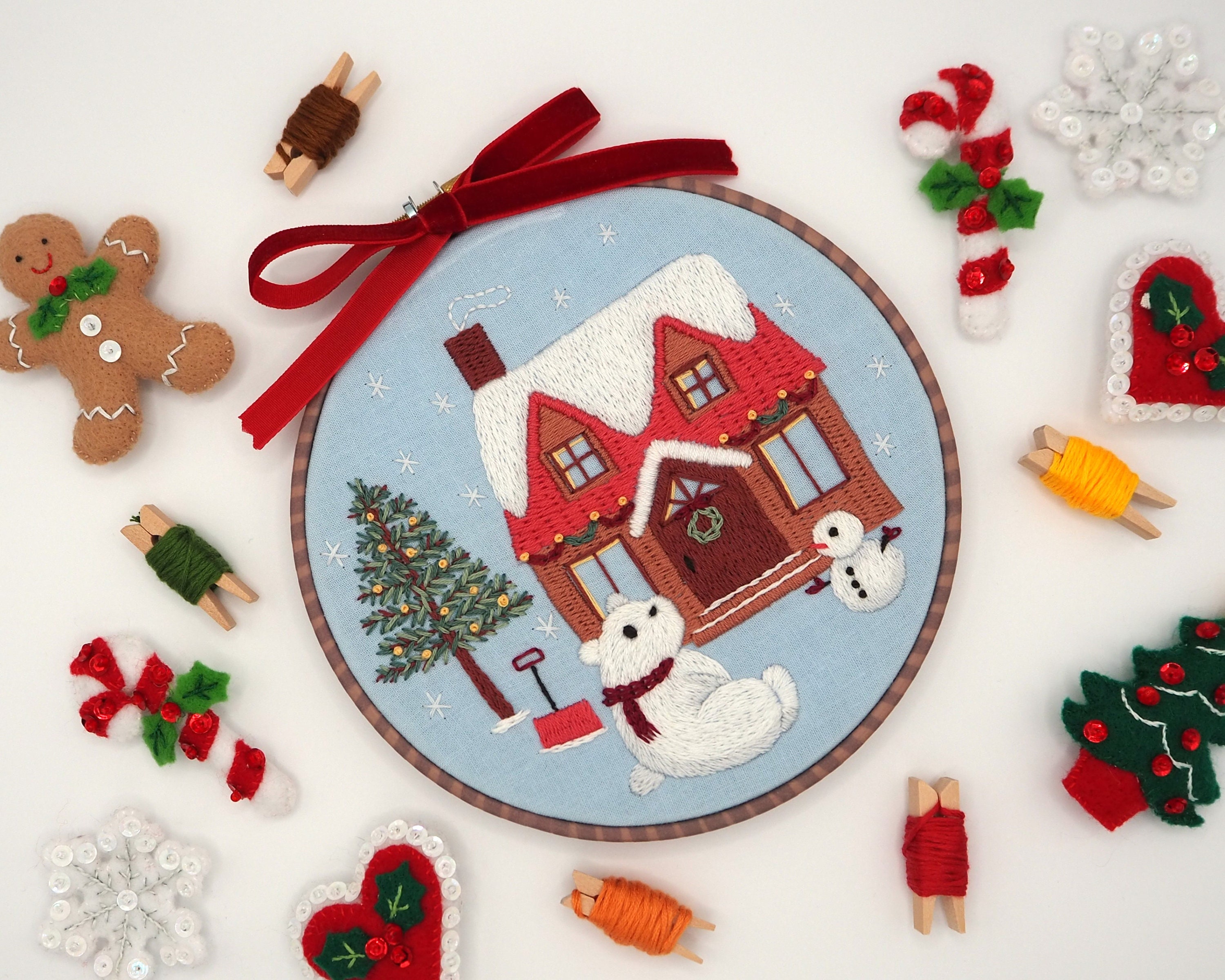 Winter House Embroidery Kit: Polar Bear & Snowman, Christmas DIY Craft (6 inch Hoop)
