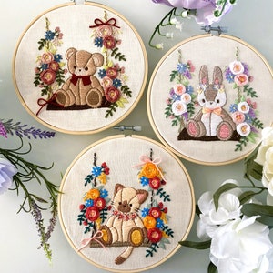 DIY Embroidery Kit Swing & Plushies for 6 inch hoop / Cute kitty / cat bunny bear flowers / easy instruction for beginner / embroidery set /