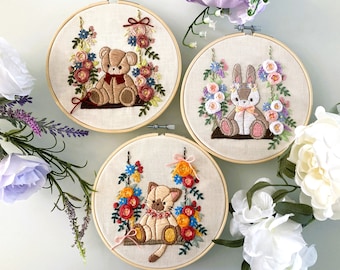 DIY Hand Embroidery Kit: Swing Plushies - Bear, Bunny, Kitty - Beginner 6" Hoop