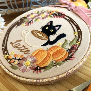 DIY Embroidery Kit Tea Time & Cat for 5 inch / Cute kitty/ Halloween design/ easy instruction for beginner /embroidery set / black cat image 7