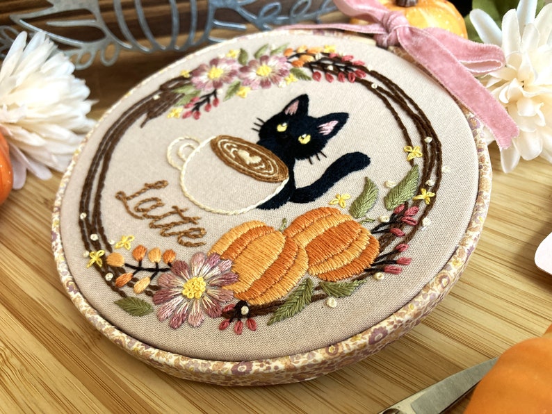 DIY Embroidery Kit Tea Time & Cat for 5 inch / Cute kitty/ Halloween design/ easy instruction for beginner /embroidery set / black cat image 7