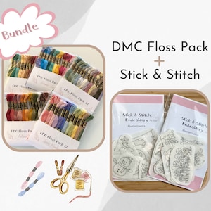 May include: A bundle of embroidery floss in various colours, packaged in clear plastic bags with the label "DMC Floss Pack 12".  The bundle also includes two packages of "Stick & Stitch Embroidery" with white fabric squares and black embroidery designs.
