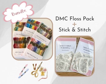 DMC Floss and Stick & Stitch Bundle/ 12 Six-Strand Embroidery Skein Floss Pack including color variation/ light effects/ floral design /Noel