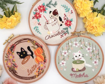 Tea Time & Cat DIY Embroidery Kit: Seasonal Kitty Designs for 5 inch Hardwood Hoop